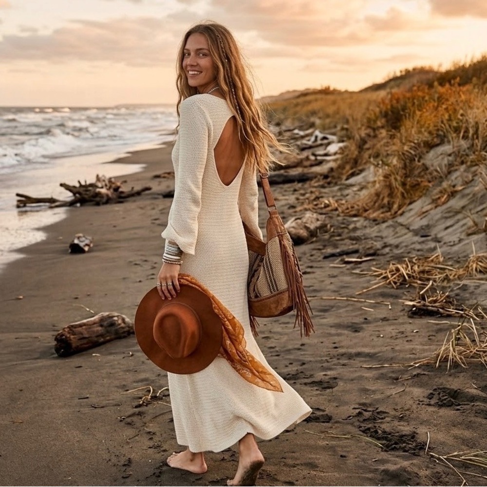 Free People Cream Knit Open Back V-Neck Maxi Sweater Dress Long Sleeve Medium - Picture 2 of 10